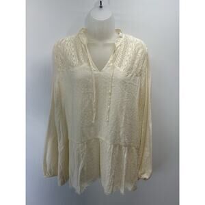 True Craft Women Atlas Ivory Pleated V Neck Crochet Gauze Top Size Large.